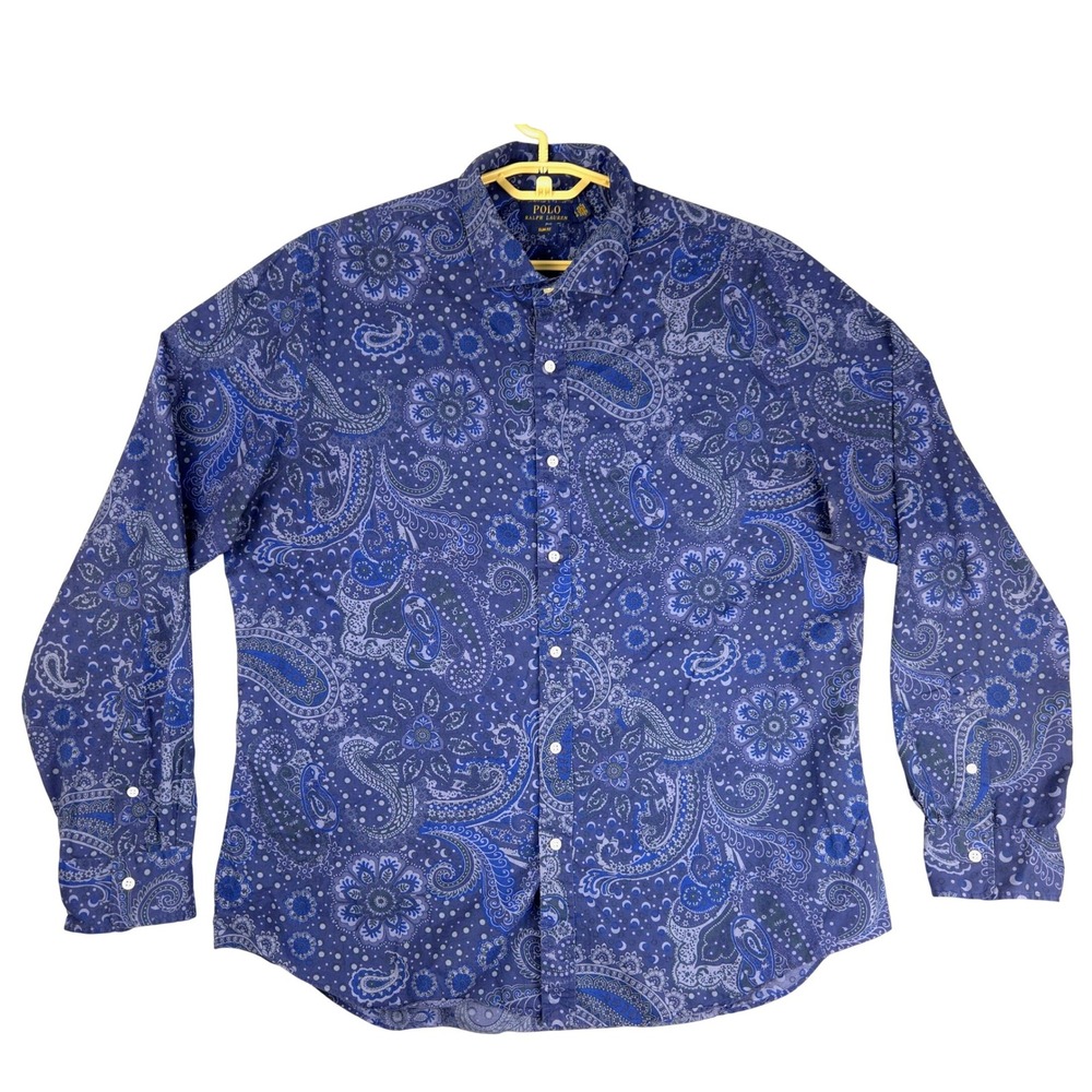Polo Ralph Lauren‎ Mens XXL Slim Fit Blue Paisley Floral Print Cotton Shirt L/S